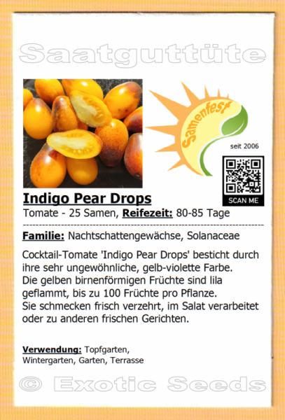 Tomate * Indigo Pear Drops * Buschtomate * birnenförmige Kirschtomate * 25 Samen